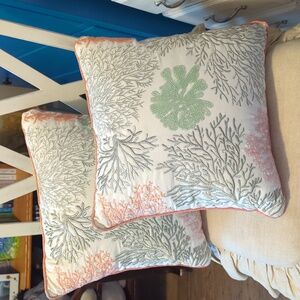 Pier 1 Beaded & Crocheted Coral & Seafoam Throw Pillows